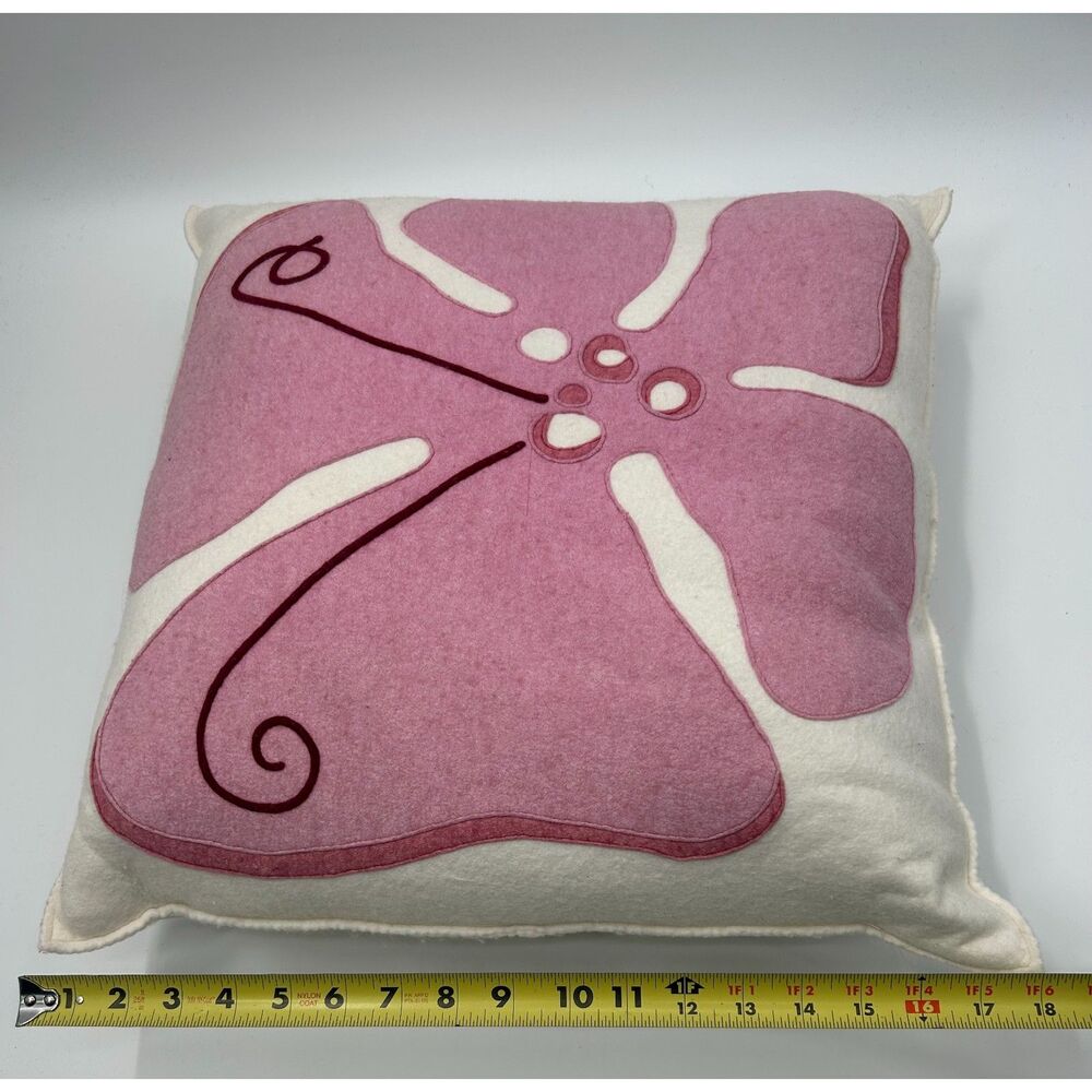 Hable Construction Wool Felt Applique Goose Filled Pillow 18x18 Cream Pink - Picture 5 of 7